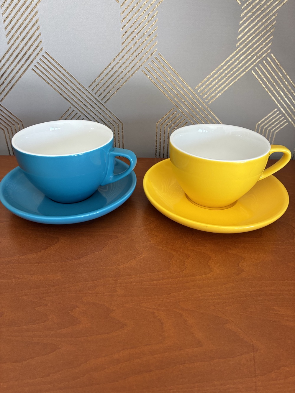 Sweese 6oz Cappuccino Cups with Saucers Set of 2 Blue & Yellow